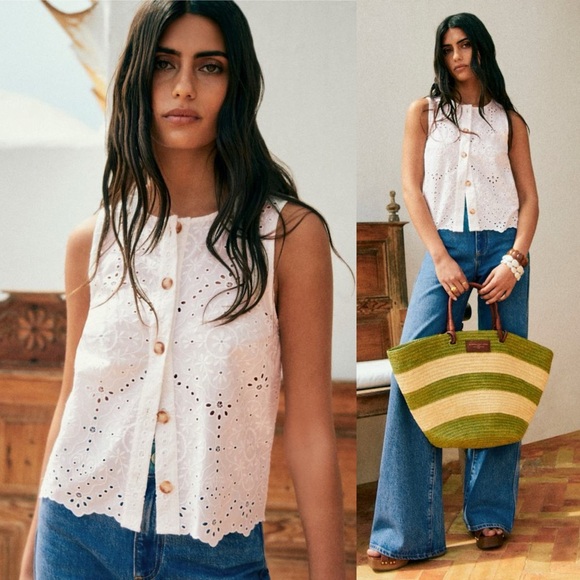 NWT Sézane Roni Embroidered Tank Top Blouse White Size: 36 (S, 4) - Picture 2 of 14